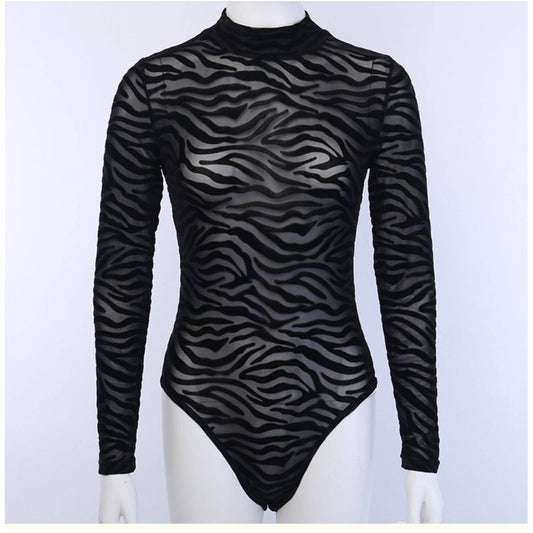 European and American Ins new semi high neck see through sexy black slim fit versatile long sleeved T shirt mesh thin base shirt for women