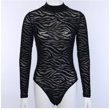 European and American Ins new semi high neck see through sexy black slim fit versatile long sleeved T shirt mesh thin base shirt for women