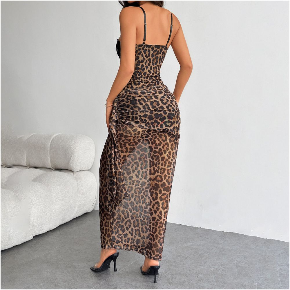 New European and American spicy girl wild leopard print chest wrapped sexy lace tight suspender dress with pleated ribbon skirt image 4