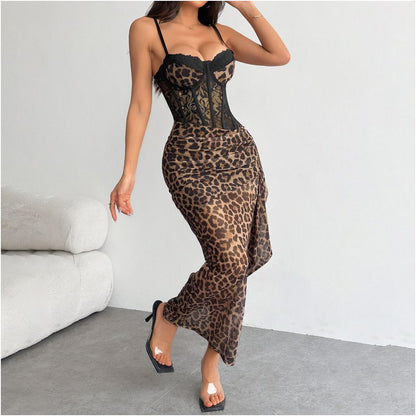 New European and American spicy girl wild leopard print chest wrapped sexy lace tight suspender dress with pleated ribbon skirt