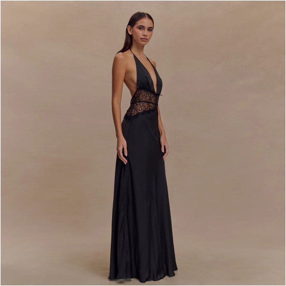 European and American Foreign Trade Summer Elegant Deep V Silk Smooth Satin Long Dress Lace Splicing Hanging Neck Waist and Pendant Feeling Evening Dress image 3