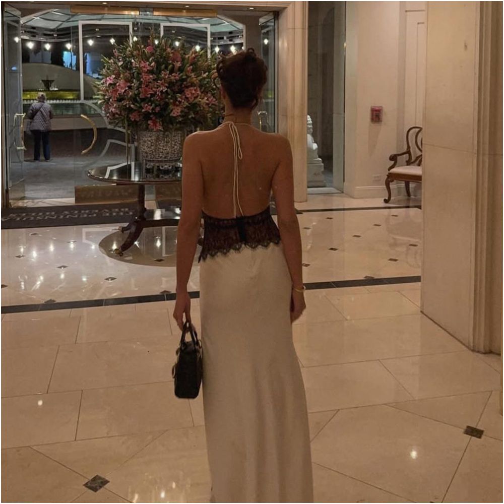 European and American Foreign Trade Summer Elegant Deep V Silk Smooth Satin Long Dress Lace Splicing Hanging Neck Waist and Pendant Feeling Evening Dress image 4