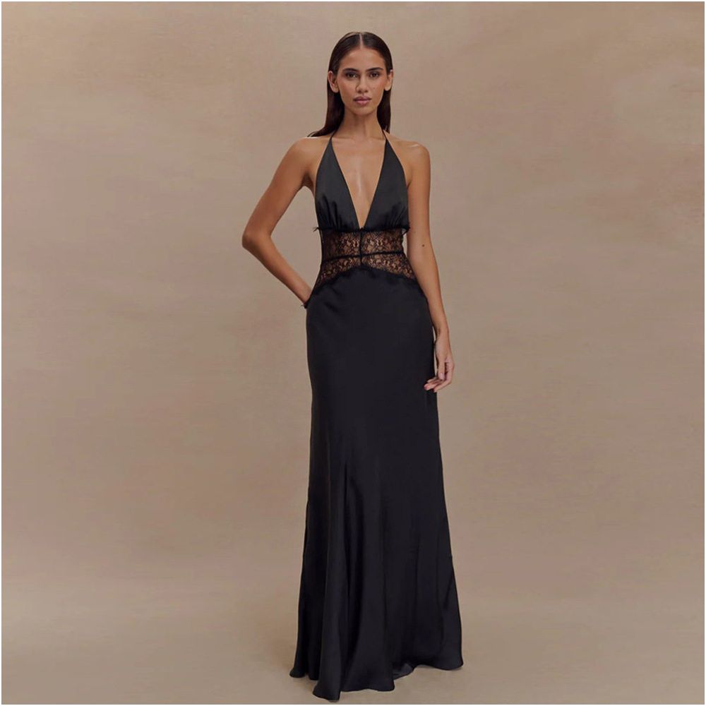 European and American Foreign Trade Summer Elegant Deep V Silk Smooth Satin Long Dress Lace Splicing Hanging Neck Waist and Pendant Feeling Evening Dress image 5