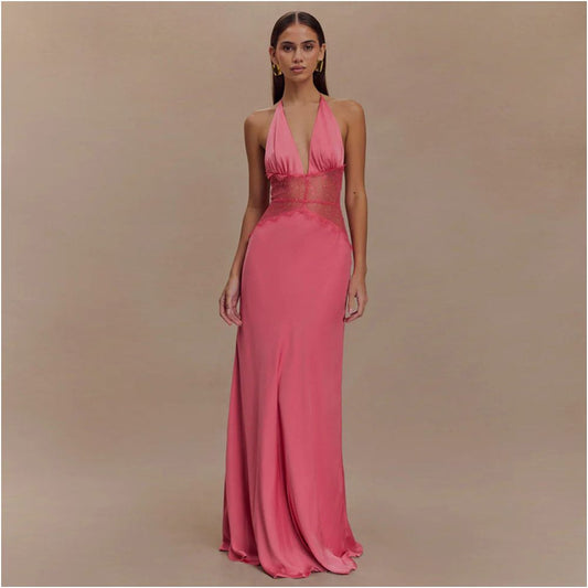 European and American Foreign Trade Summer Elegant Deep V Silk Smooth Satin Long Dress Lace Splicing Hanging Neck Waist and Pendant Feeling Evening Dress
