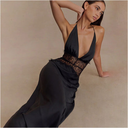 European and American Foreign Trade Summer Elegant Deep V Silk Smooth Satin Long Dress Lace Splicing Hanging Neck Waist and Pendant Feeling Evening Dress