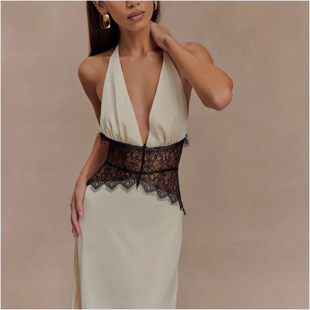 European and American Foreign Trade Summer Elegant Deep V Silk Smooth Satin Long Dress Lace Splicing Hanging Neck Waist and Pendant Feeling Evening Dress
