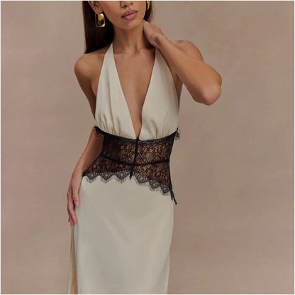 European and American Foreign Trade Summer Elegant Deep V Silk Smooth Satin Long Dress Lace Splicing Hanging Neck Waist and Pendant Feeling Evening Dress