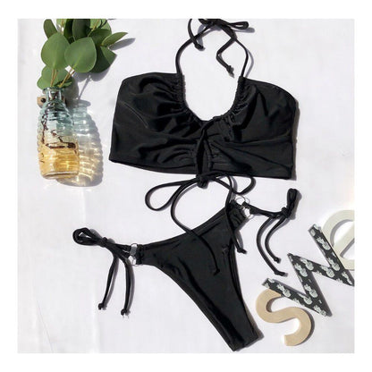 European and American style sexy hanging neck leopard print drawstring tie up beach three point bikini women s split swimsuit