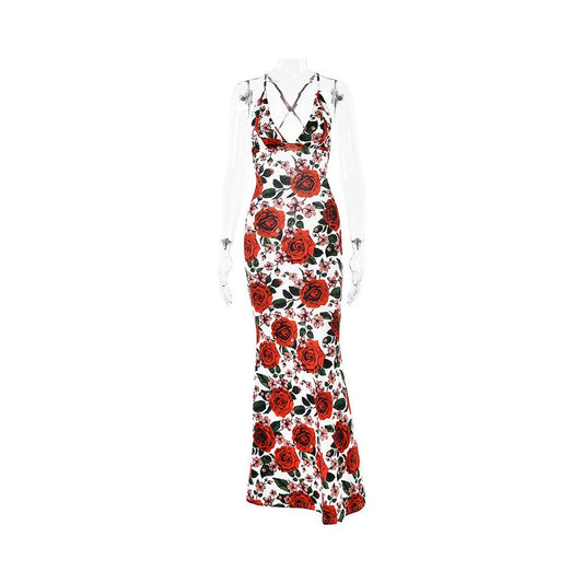 European and American summer camisole vacation seaside dress fashionable rose print big backless trimming tall and short skirt