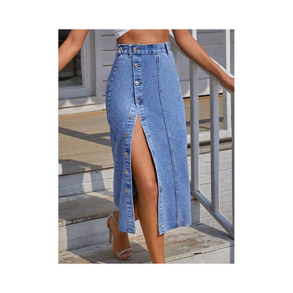 Women sexy jeans dress European and American INS button irregular slit denim high waisted half length skirt image 1