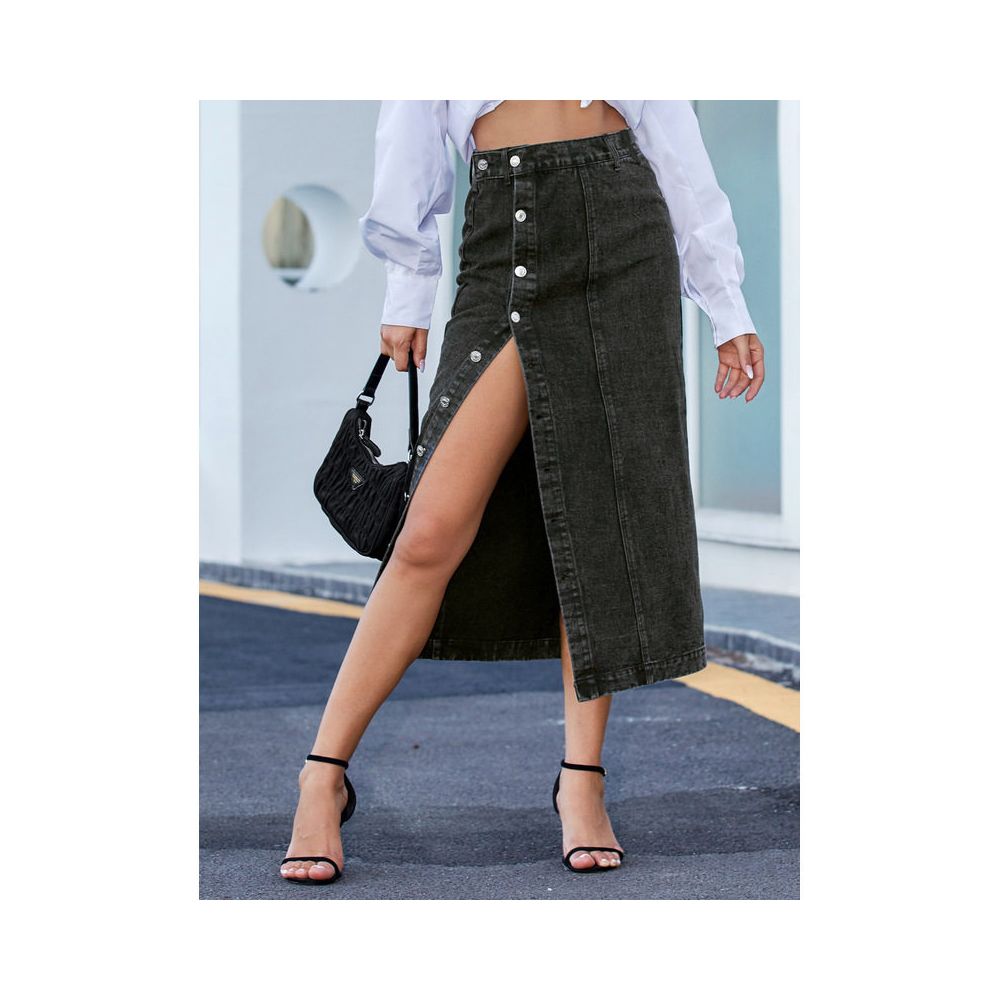 Women sexy jeans dress European and American INS button irregular slit denim high waisted half length skirt image 2