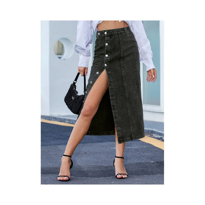 Women sexy jeans dress European and American INS button irregular slit denim high waisted half length skirt image 2