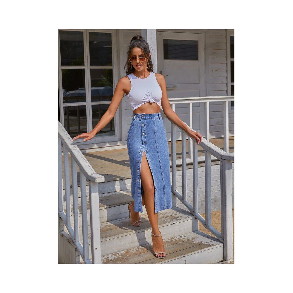 Women sexy jeans dress European and American INS button irregular slit denim high waisted half length skirt image 3