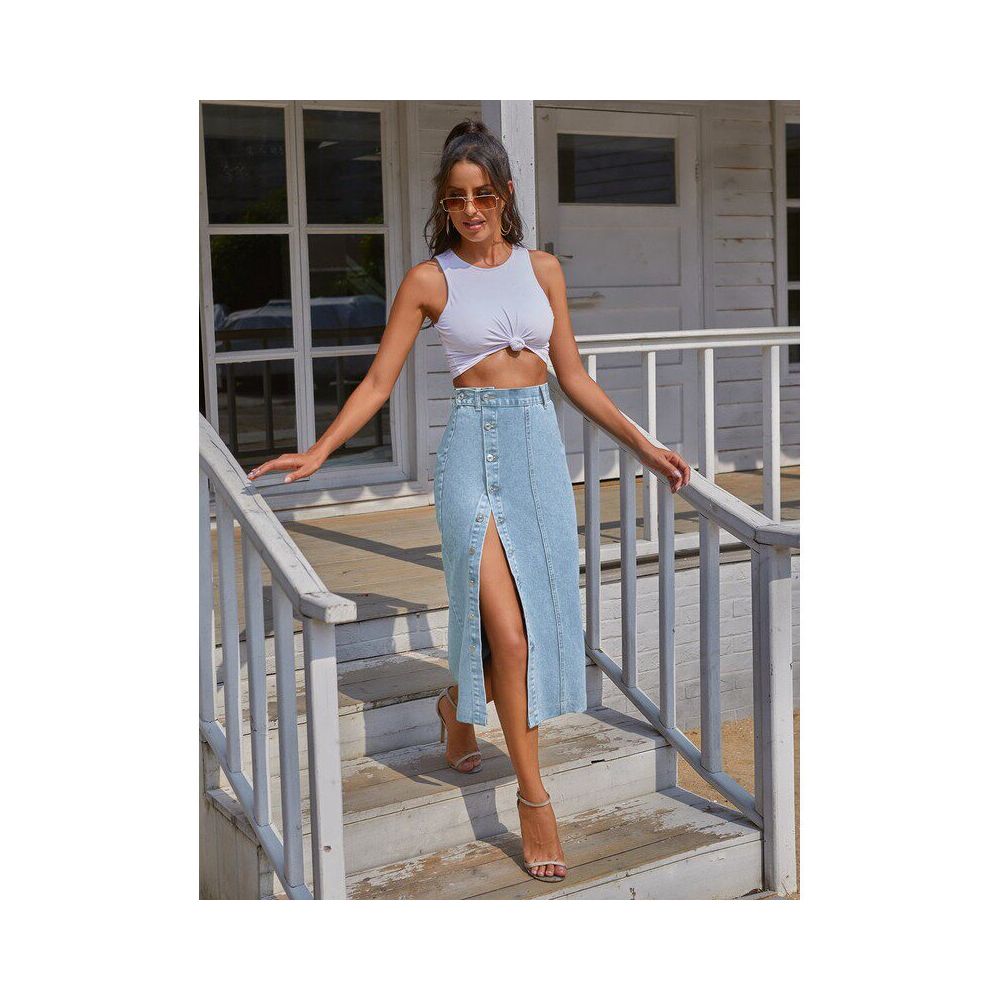 Women sexy jeans dress European and American INS button irregular slit denim high waisted half length skirt image 4