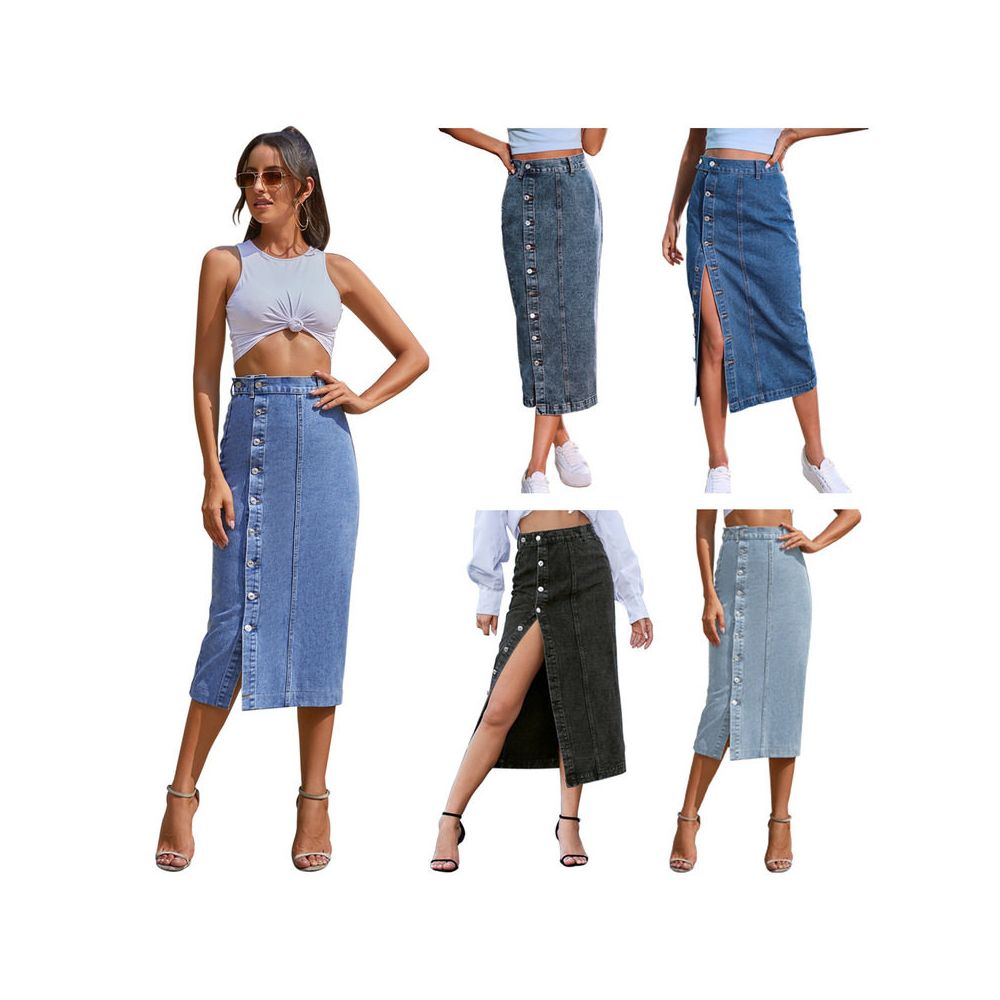 Women sexy jeans dress European and American INS button irregular slit denim high waisted half length skirt image 5
