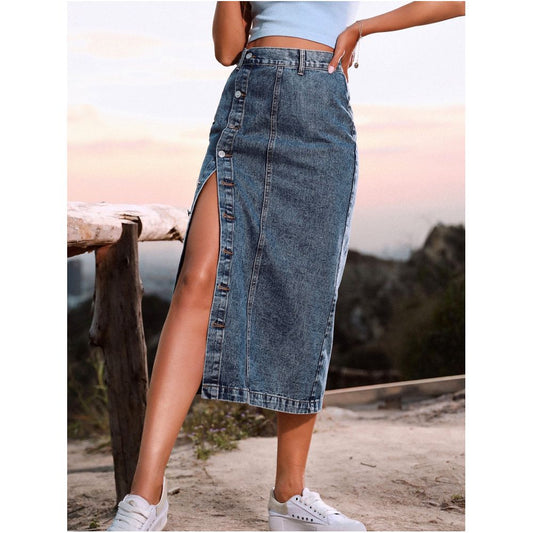 Women sexy jeans dress European and American INS button irregular slit denim high waisted half length skirt