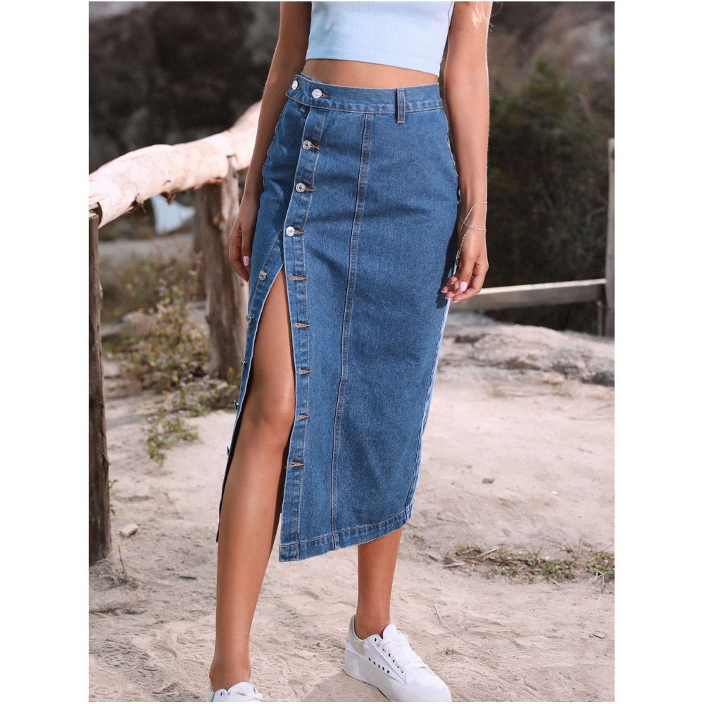 Women sexy jeans dress European and American INS button irregular slit denim high waisted half length skirt