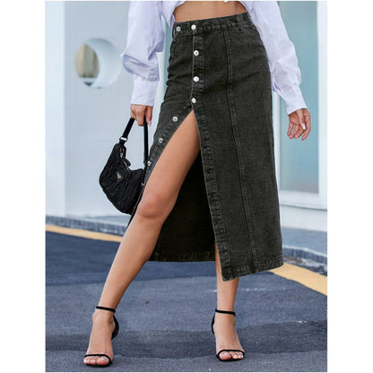 Women sexy jeans dress European and American INS button irregular slit denim high waisted half length skirt