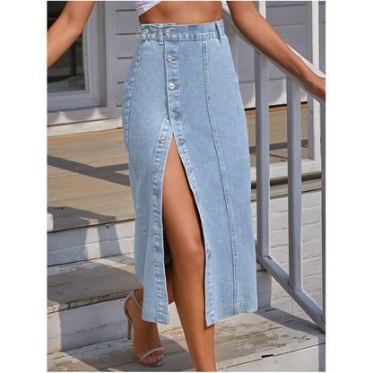 Women sexy jeans dress European and American INS button irregular slit denim high waisted half length skirt