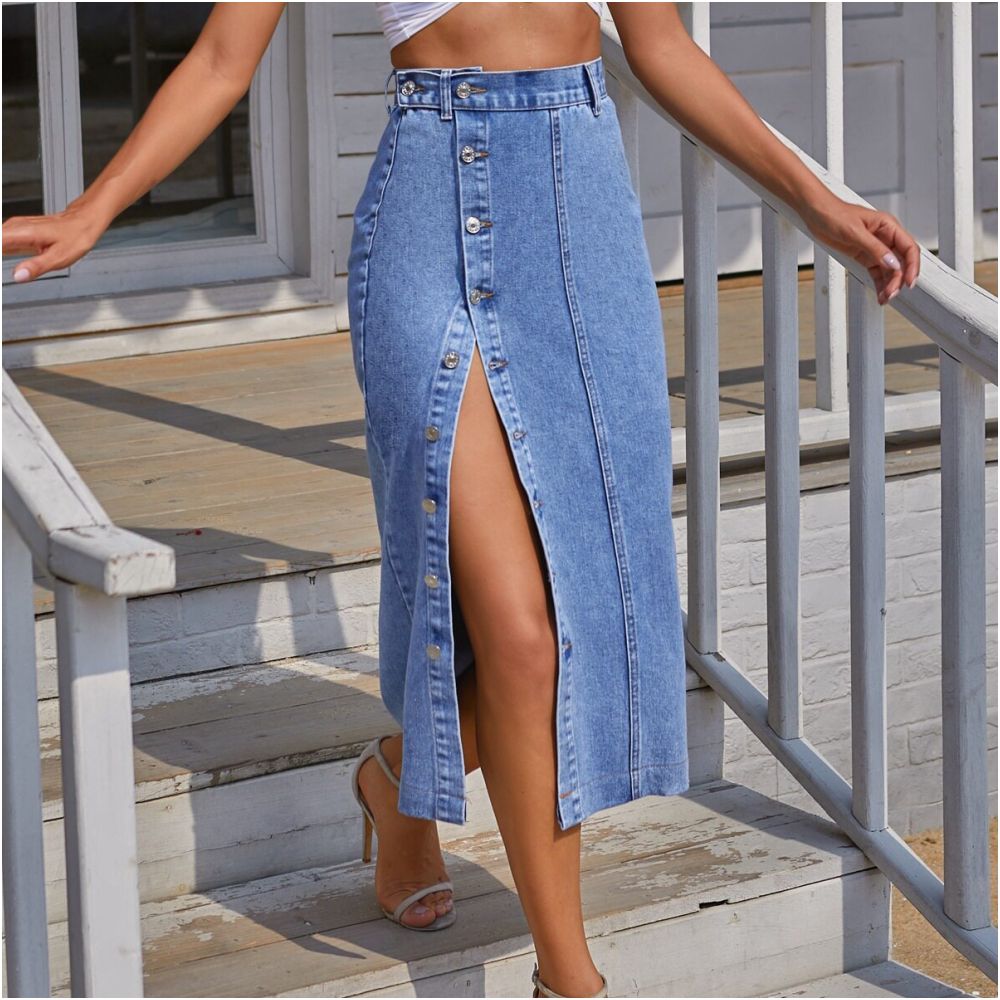 Women sexy jeans dress European and American INS button irregular slit denim high waisted half length skirt