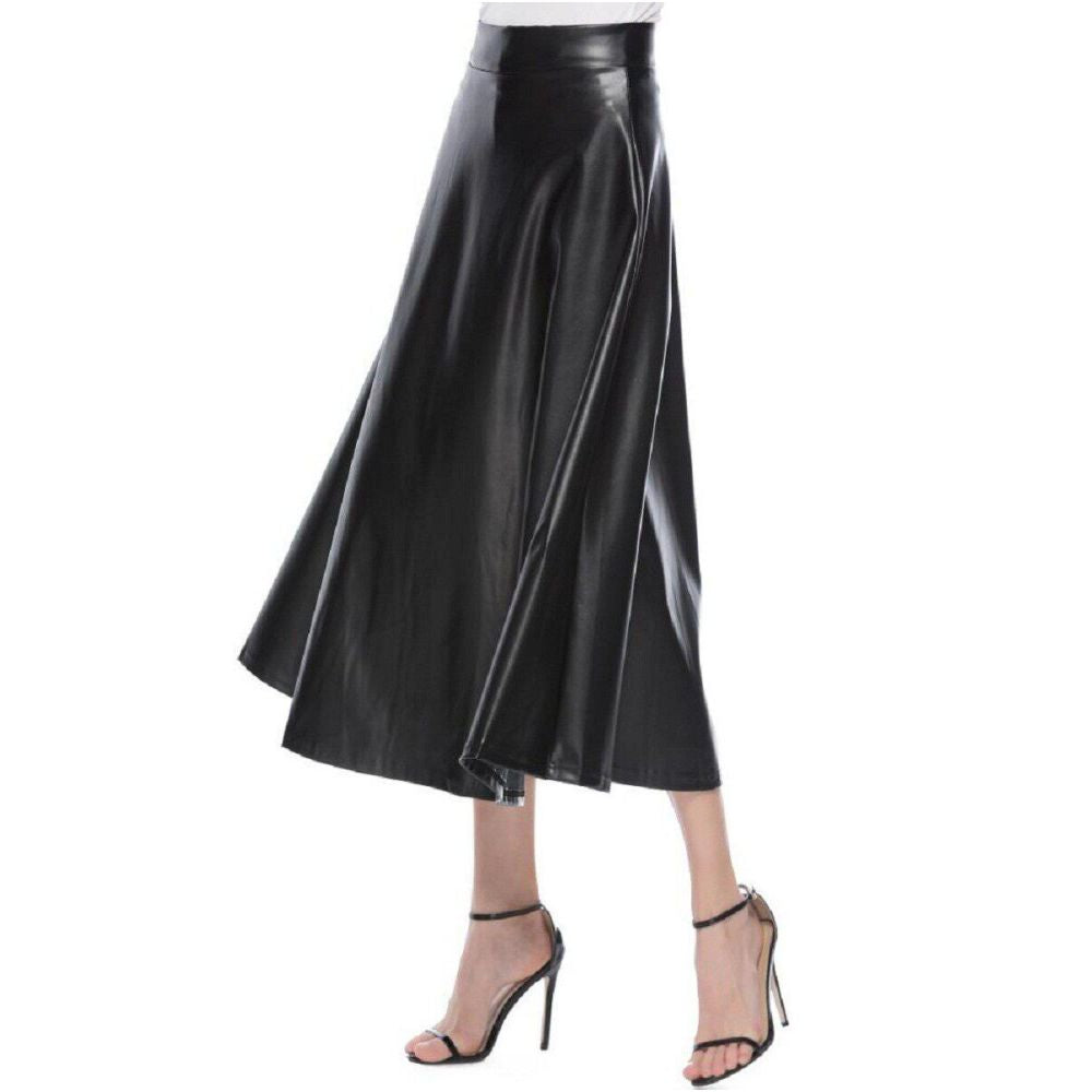 Women s Fashion Leather Skirt 2022 European and American High Waist Half body Skirt Long Style Big Swing Leather Skirt for Women
