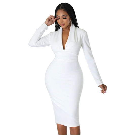 Ladies party dress slim European and American women s V neck hip hugging skirt sexy slim fit solid color dress