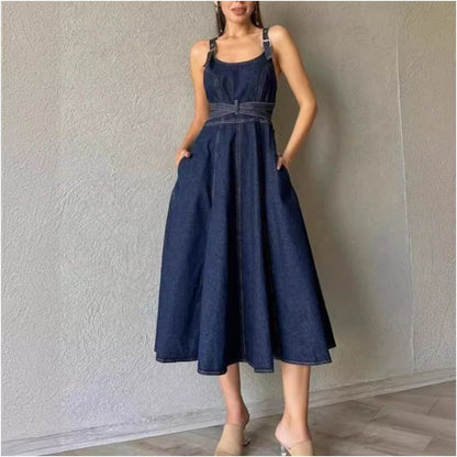 Ladies jeans dress women 2024 European and American elegant solid color waist cinched suspender denim dress image 2