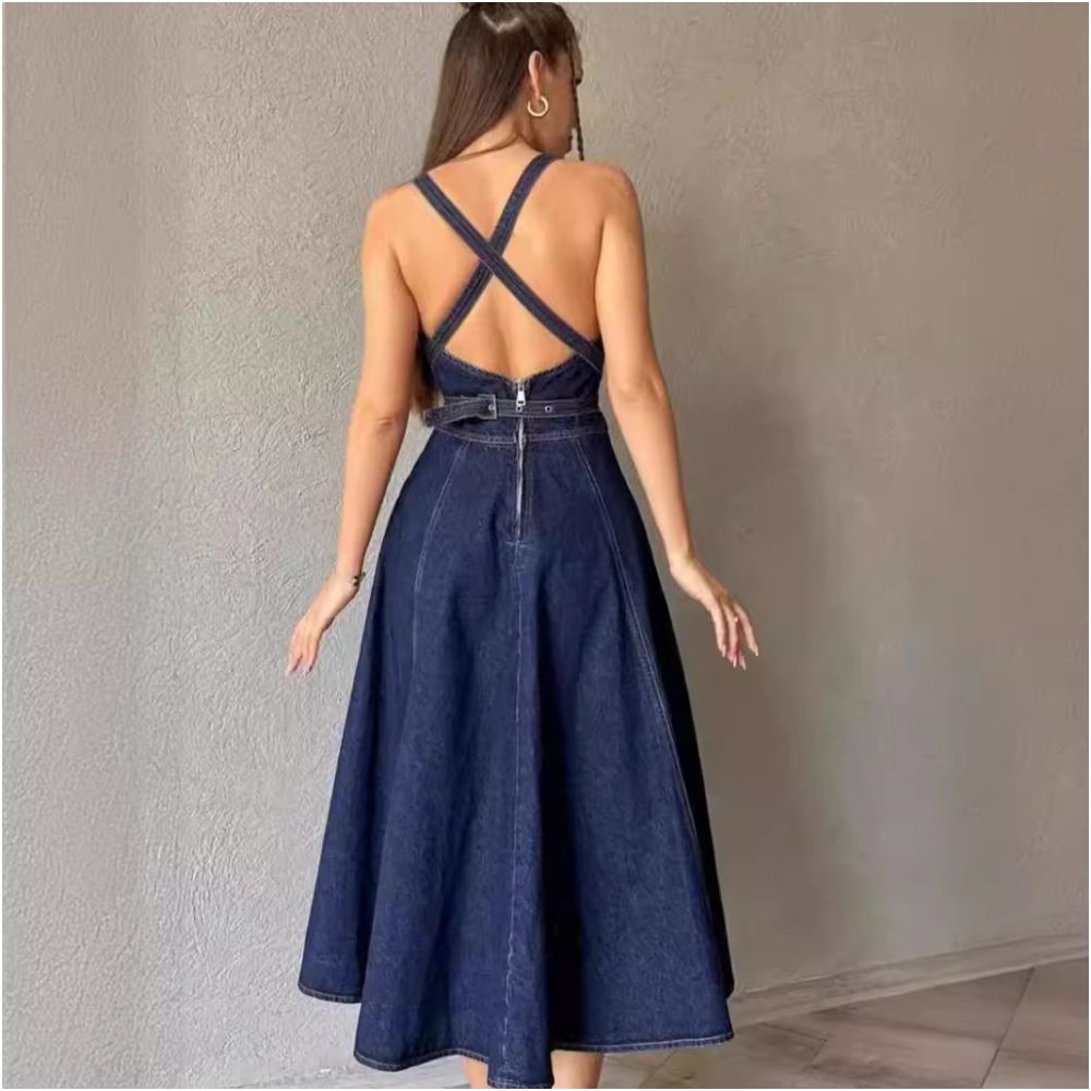 Ladies jeans dress women 2024 European and American elegant solid color waist cinched suspender denim dress image 3