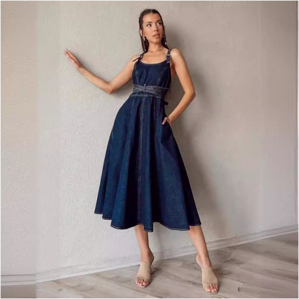 Ladies jeans dress women 2024 European and American elegant solid color waist cinched suspender denim dress image 4