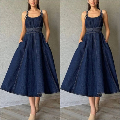 Ladies jeans dress women 2024 European and American elegant solid color waist cinched suspender denim dress image 5