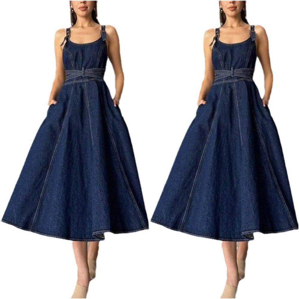 Ladies jeans dress women 2024 European and American elegant solid color waist cinched suspender denim dress image 0