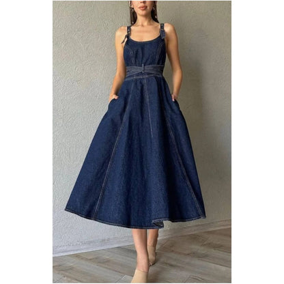 Ladies jeans dress women 2024 European and American elegant solid color waist cinched suspender denim dress