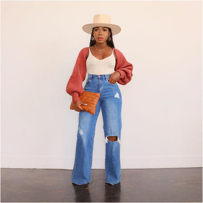 Women jeans pants users 2024 ripped jeans washed wide leg straight leg pants for women