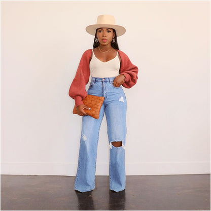 Women jeans pants users 2024 ripped jeans washed wide leg straight leg pants for women