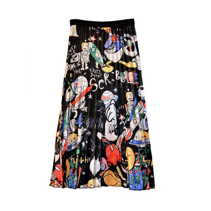 Women s printed dress 2022 European and American cartoon printed pleated A line skirt slim fit versatile skirt