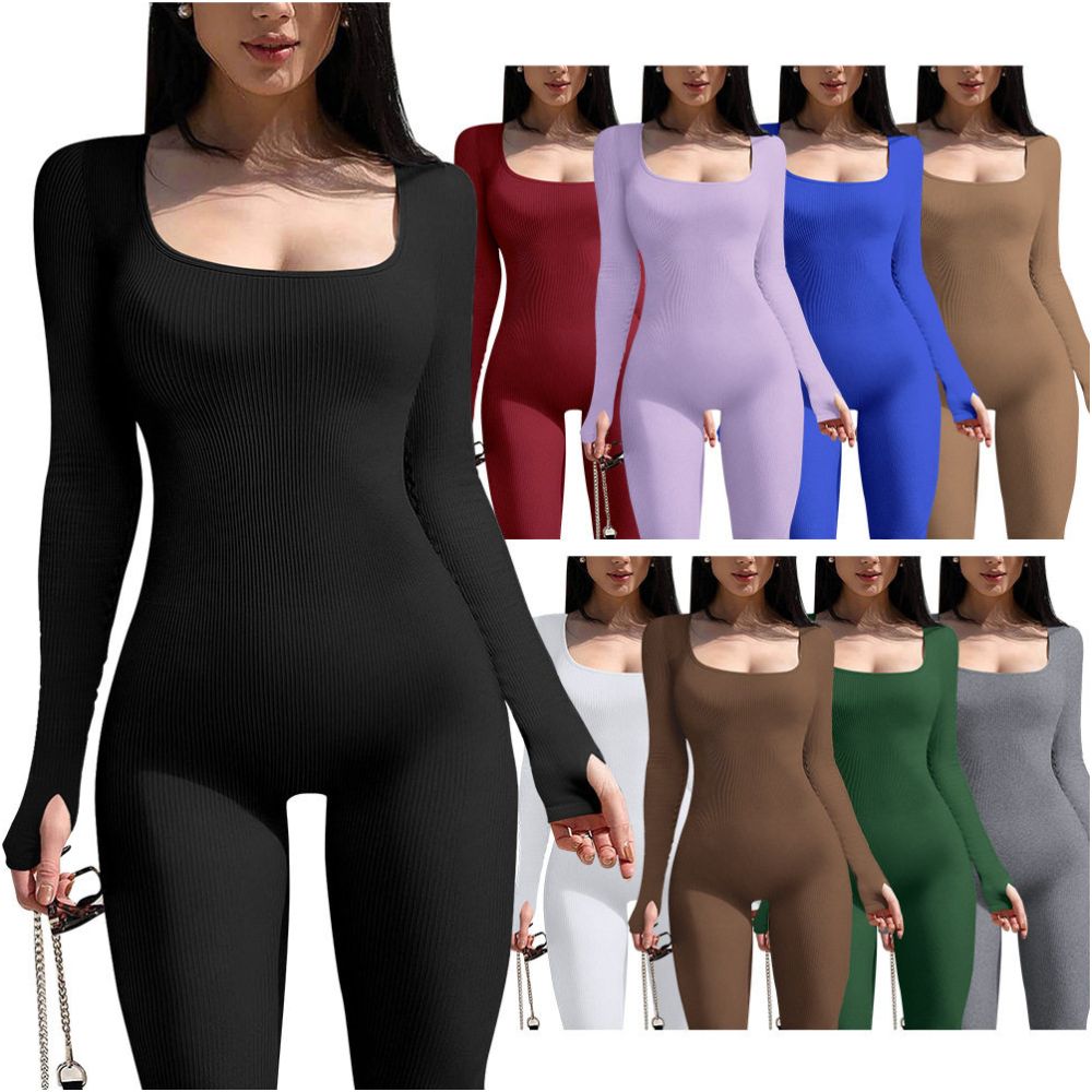 2024 spring long sleeved elastic sports jumpsuit moisture absorbing quick drying mid waist cotton jumpsuit image 0