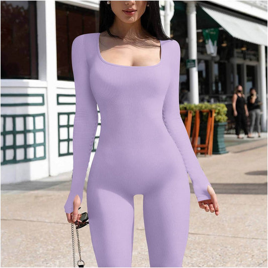 2024 spring long sleeved elastic sports jumpsuit moisture absorbing quick drying mid waist cotton jumpsuit