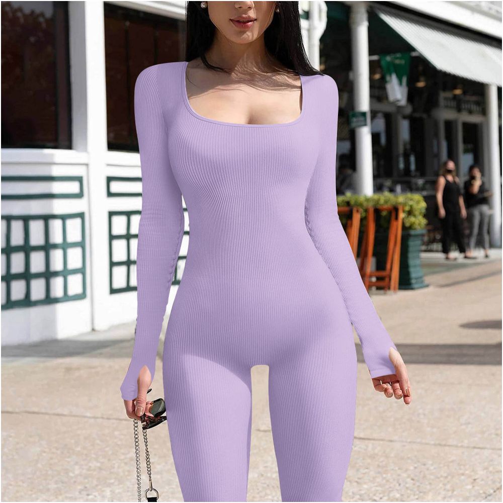 2024 spring long sleeved elastic sports jumpsuit moisture absorbing quick drying mid waist cotton jumpsuit