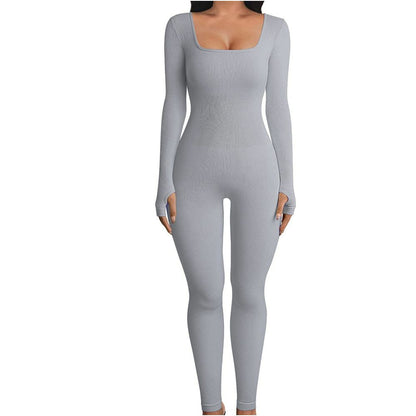 2024 spring long sleeved elastic sports jumpsuit moisture absorbing quick drying mid waist cotton jumpsuit