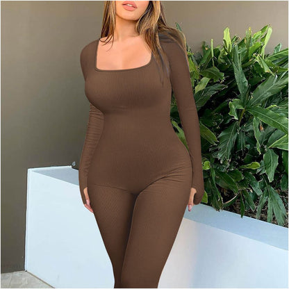 2024 spring long sleeved elastic sports jumpsuit moisture absorbing quick drying mid waist cotton jumpsuit
