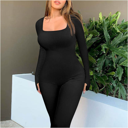 2024 spring long sleeved elastic sports jumpsuit moisture absorbing quick drying mid waist cotton jumpsuit