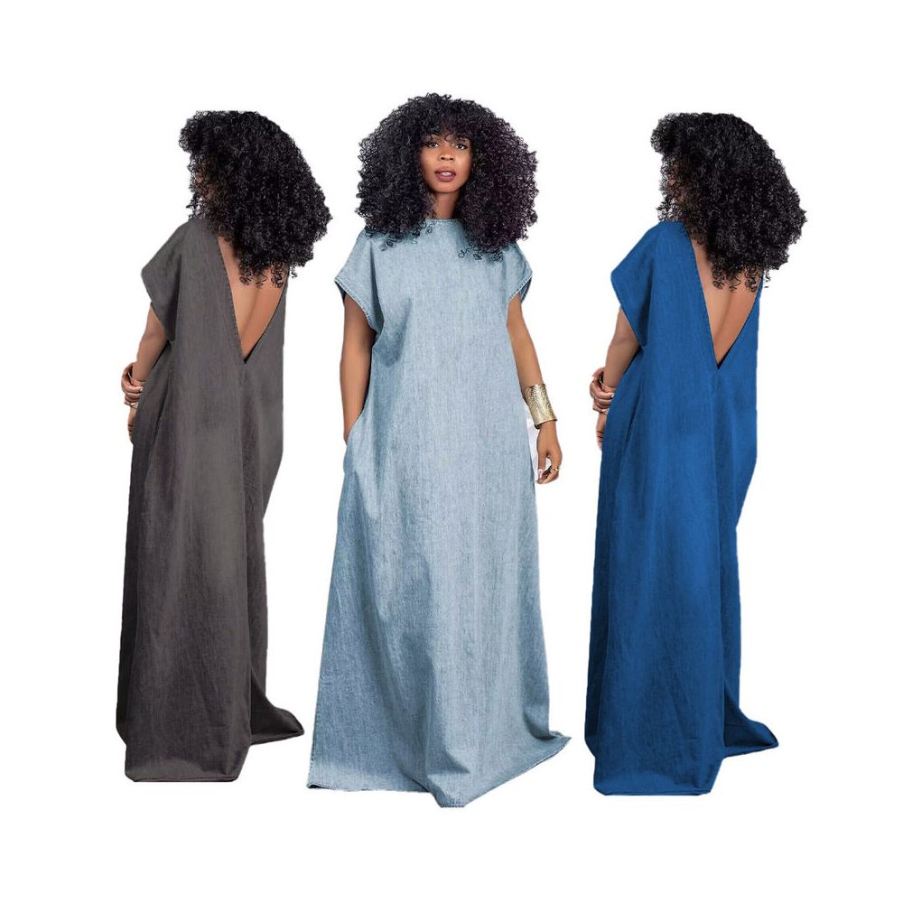 Women jeans dress fashion new denim dress retro loose deep V backless dress image 1