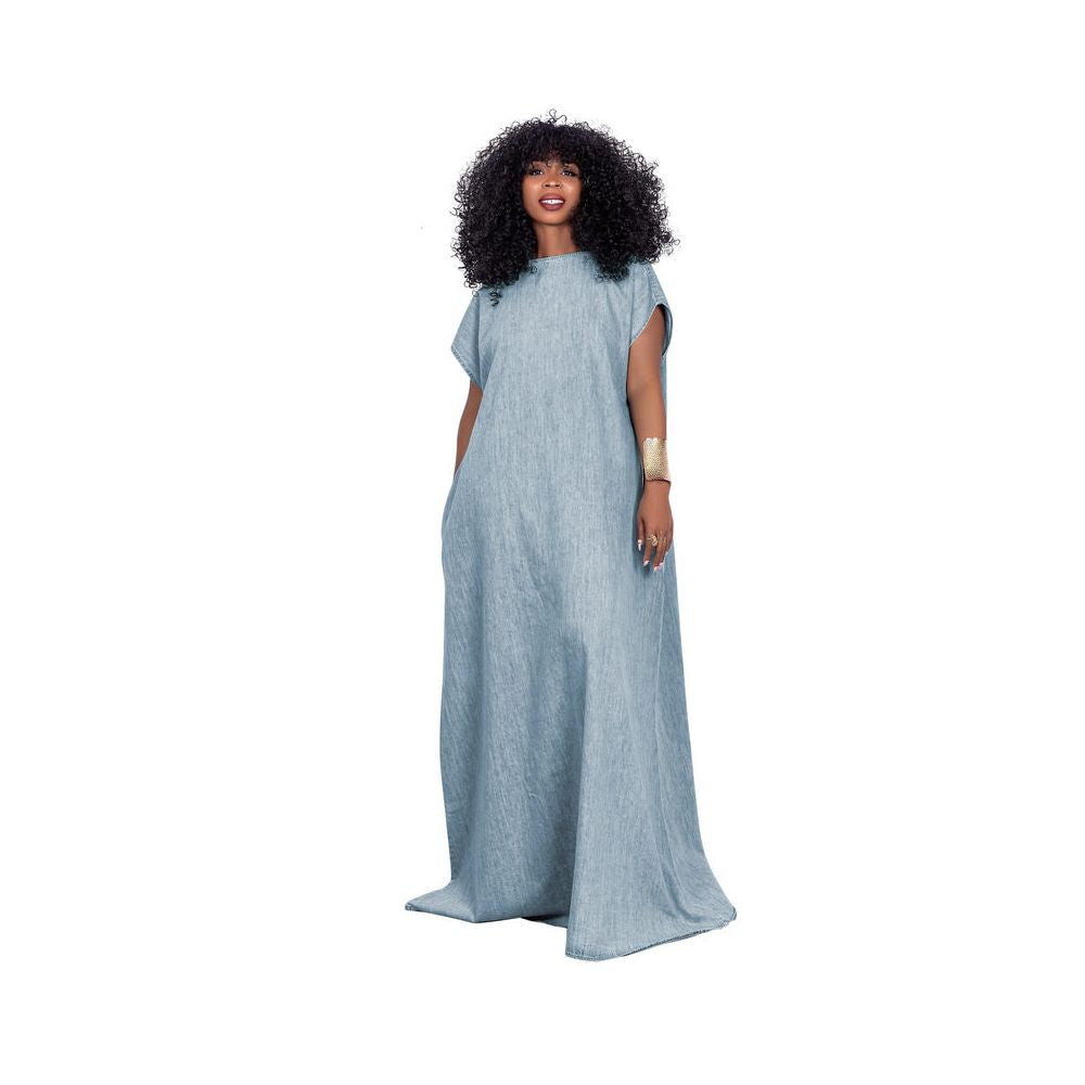 Women jeans dress fashion new denim dress retro loose deep V backless dress image 2