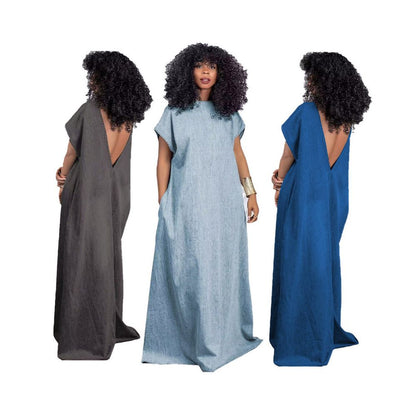 Women jeans dress fashion new denim dress retro loose deep V backless dress image 0
