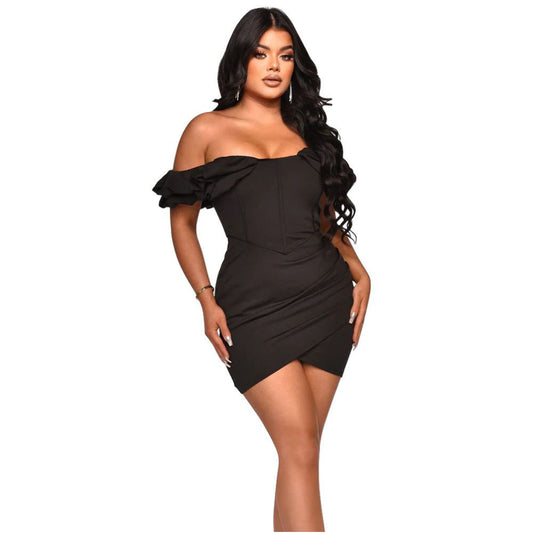 Women s sexy party dress European and American 2023 solid color petal sleeve sexy waist cinched fishbone dress