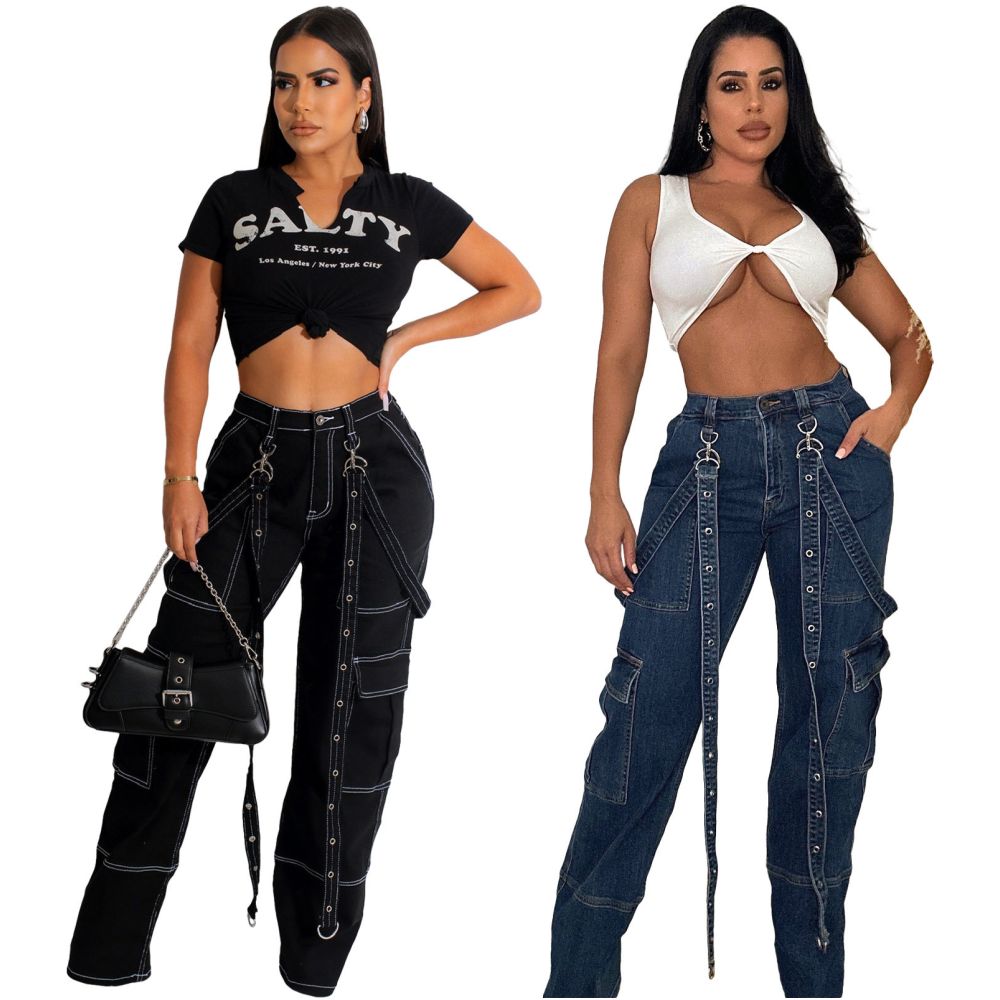 Women s jeans pants new European and American style accordion bag cargo bag suspender loose casual denim long pants image 0