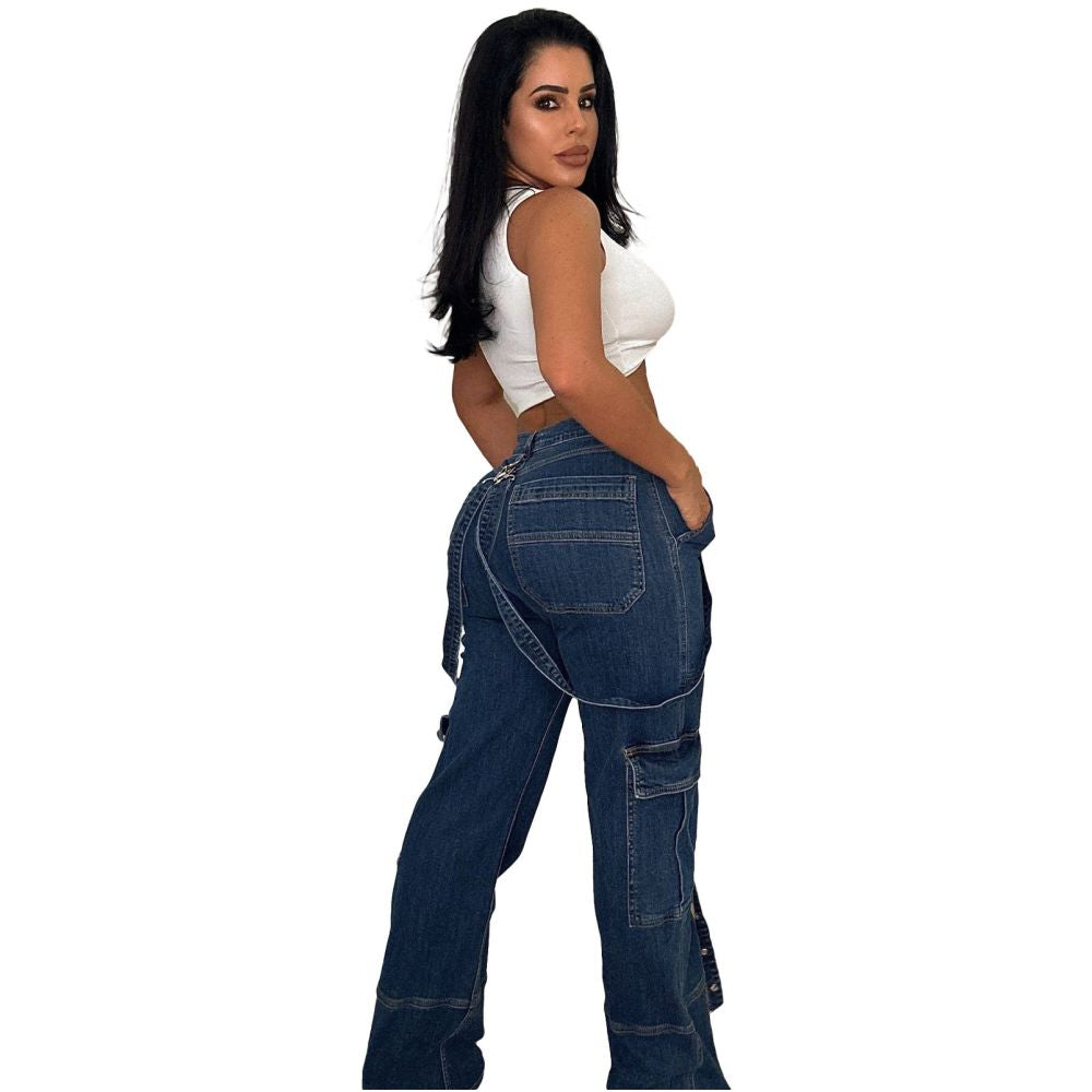 Women s jeans pants new European and American style accordion bag cargo bag suspender loose casual denim long pants image 2