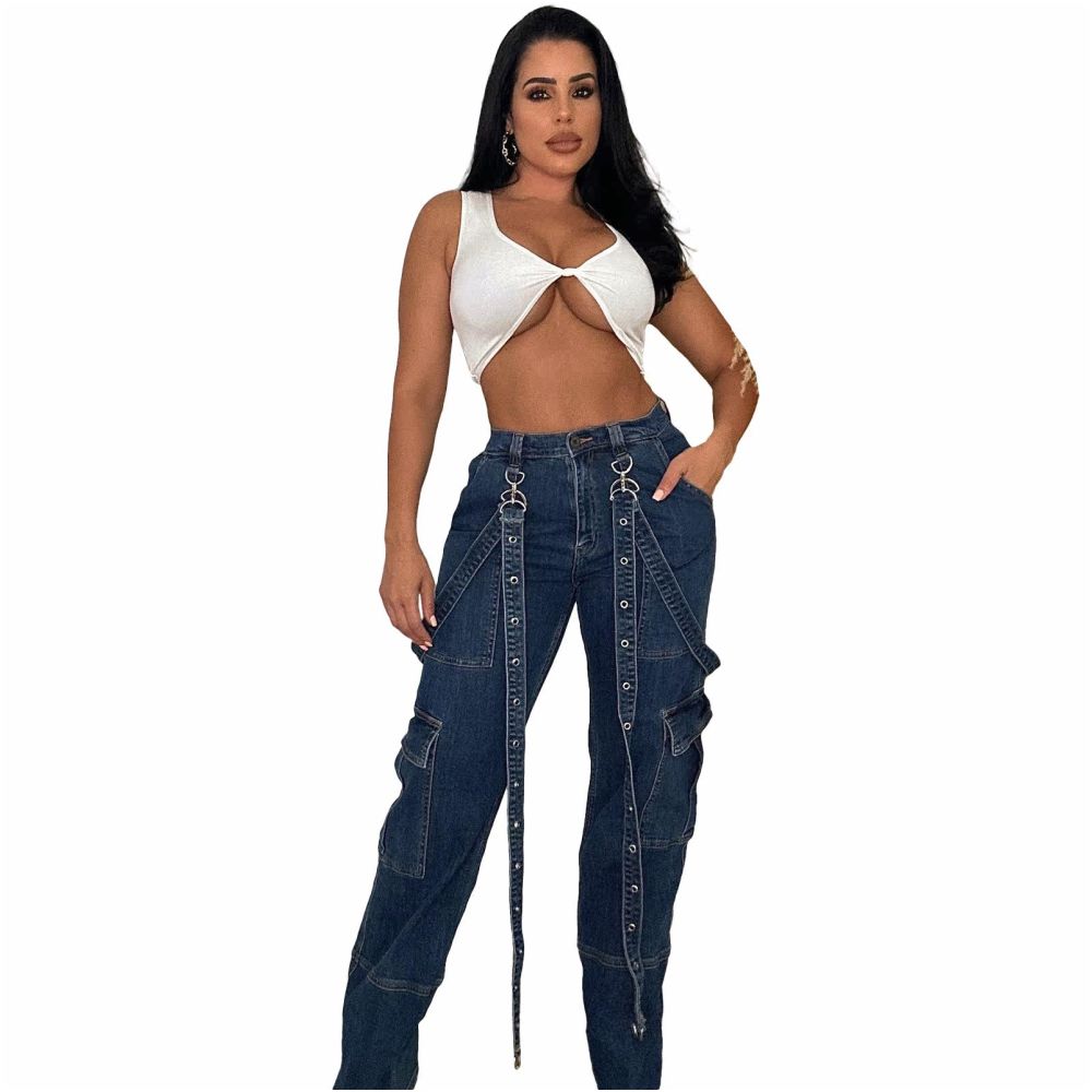 Women s jeans pants new European and American style accordion bag cargo bag suspender loose casual denim long pants image 3