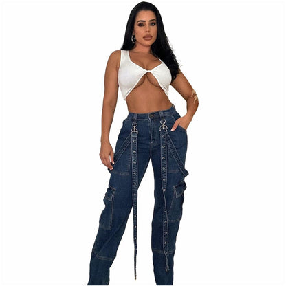 Women s jeans pants new European and American style accordion bag cargo bag suspender loose casual denim long pants image 3