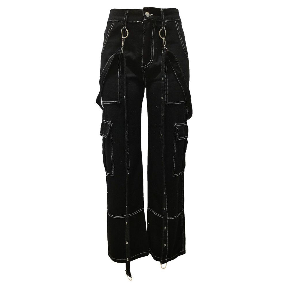 Women s jeans pants new European and American style accordion bag cargo bag suspender loose casual denim long pants image 4